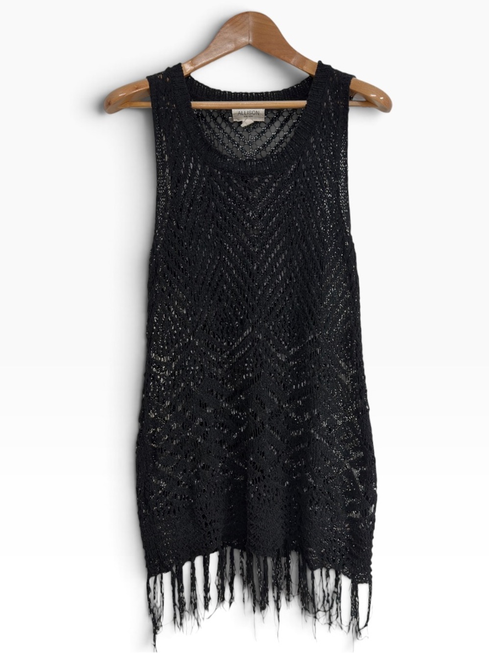 Allison New York Black Crochet Open Knit Fringe Sleeveless Tunic Vest Top Size M